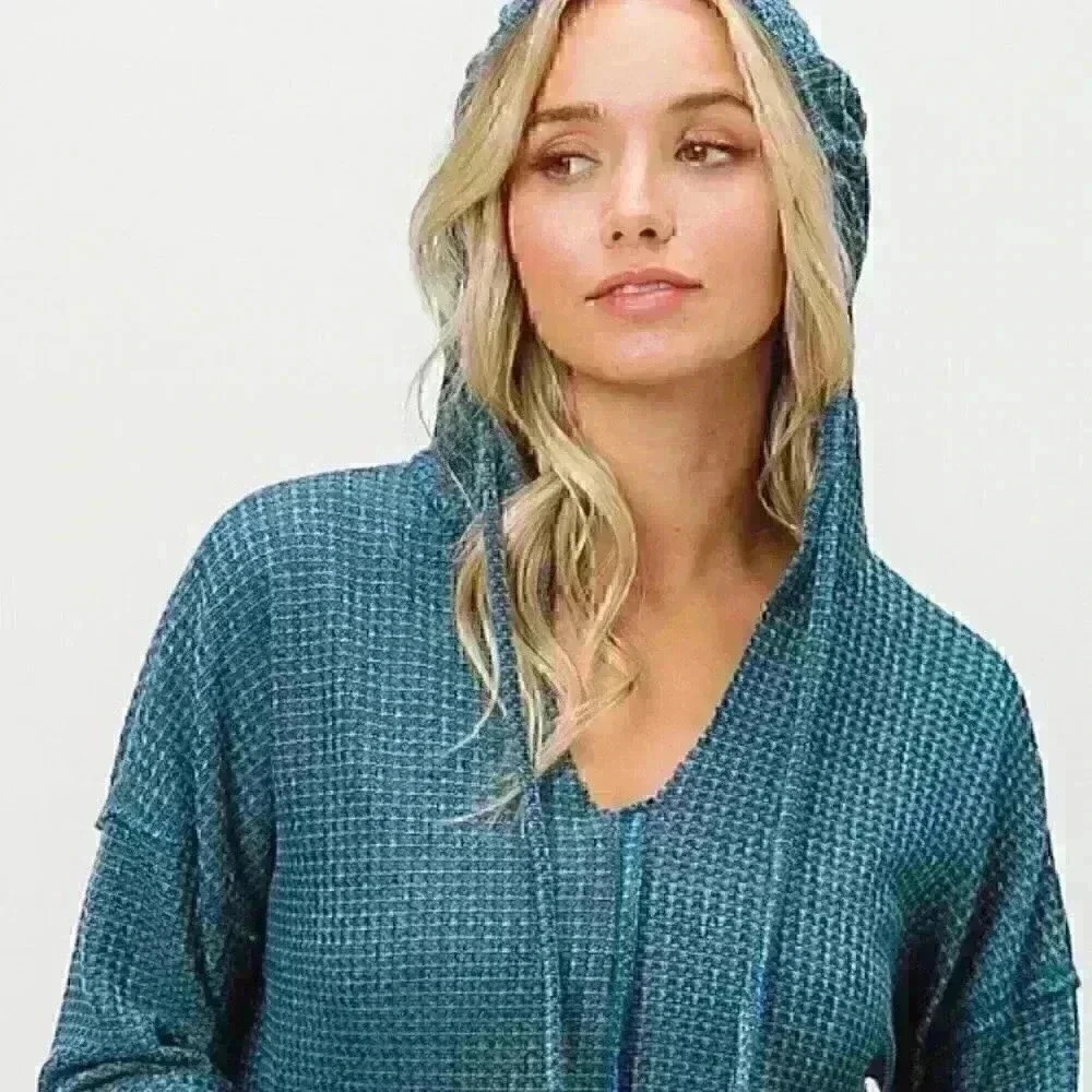 Dark Teal V-Neck Waffle Knit Hoodie Top